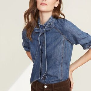 Veronica Beard Soli Denim Neck Tie Blouse